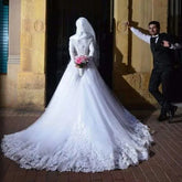 Long Sleeve hijab Muslim Wedding Dress Lace Appliques Elegant Arabic Wedding Gowns Back Lace Up Vestidos De Noiva